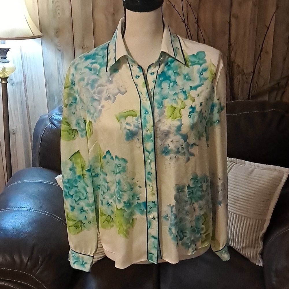 Starington Silk Blue Green Floral Long Sleeve Blouse Size 8